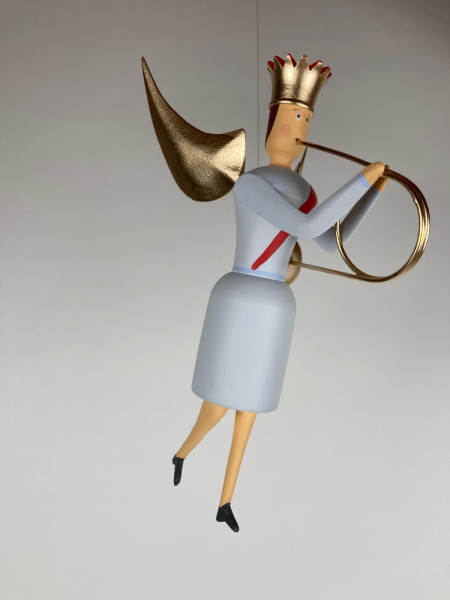 Musikengel schwebend mit Waldhorn, 20cm